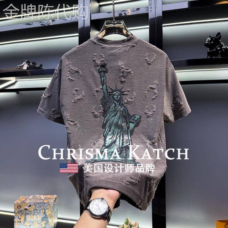 出口美国?Chrisma Katch~高端刺绣自由女神破洞短袖薄款夏季半袖