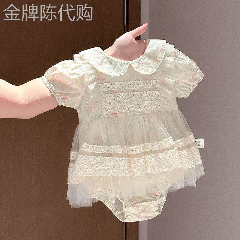 法国BADNUT婴儿包屁裙女宝宝甜美公主短袖网纱蕾丝哈衣裙外出服潮