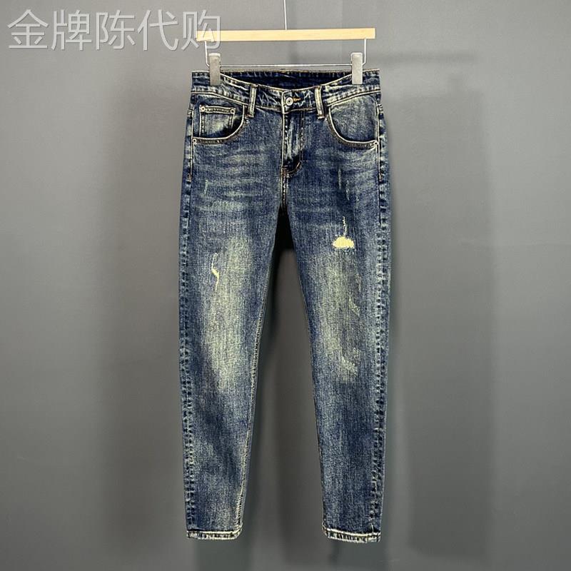 高端复古做旧蓝色九分牛仔裤男士弹力韩版做旧补丁潮流修身小脚裤
