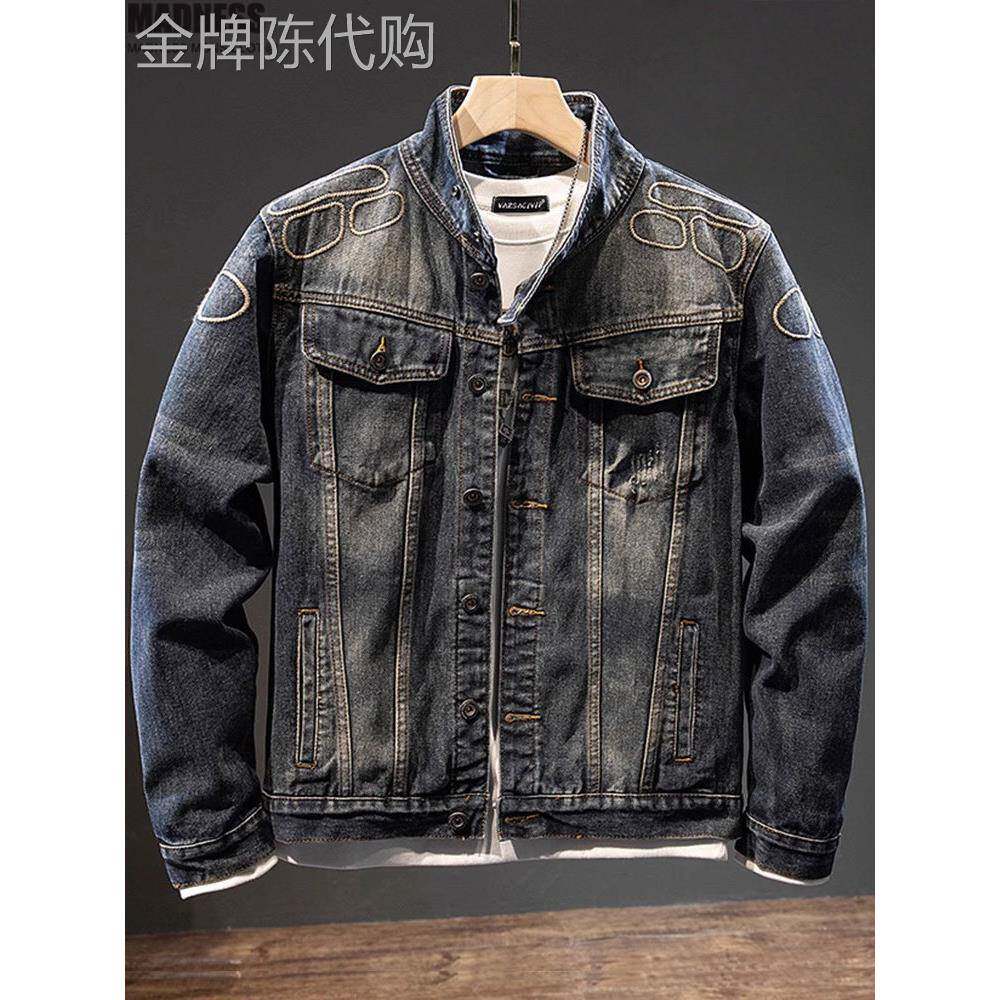 Madness Mdns Clot春秋立领机车牛仔外套男潮流刺绣修身复古夹克