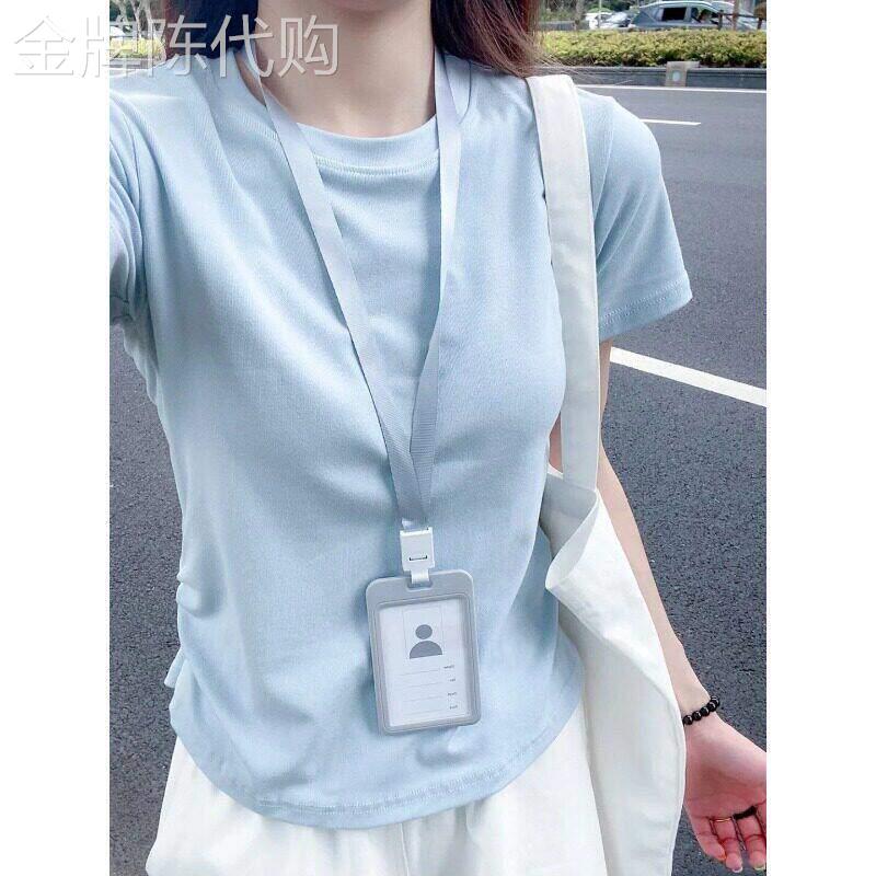 圆领正肩短袖T恤女夏新款薄款气质百搭褶皱收腰修身显瘦套头上衣
