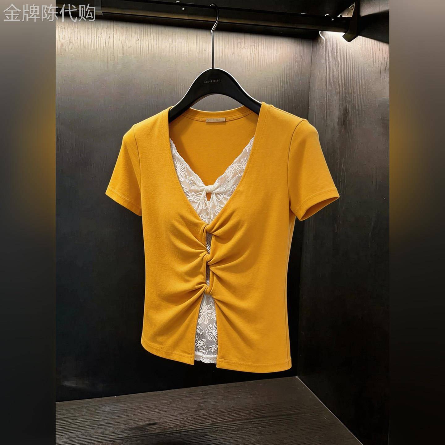 黄色假两件短袖T恤女2026夏季新款大尺码修身显瘦V领设计感休闲上
