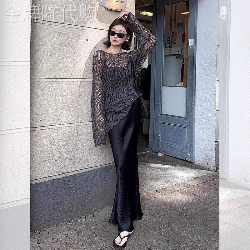 黑色镂空罩衫T恤女春秋欧货高端气质设计感小众别致独特漂亮上衣