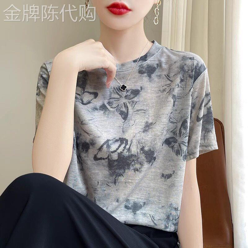 冰丝短袖t恤女夏季薄款2026新款复古花卉印染宽松显瘦圆领上衣