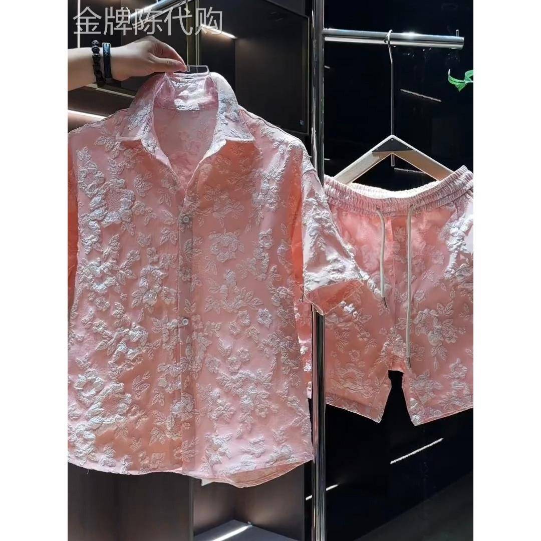 出口美国⭐Chrisma Katch~小众浮雕压花五分袖衬衫短裤套装男高端