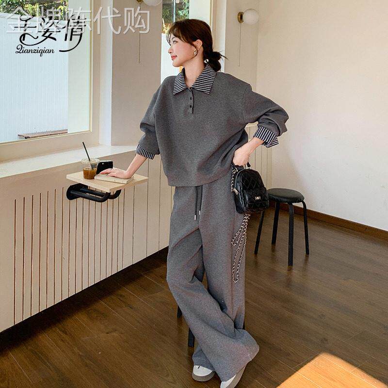 韩系chic灰色休闲运动套装女2026春季新款时尚卫衣阔腿长裤两件套