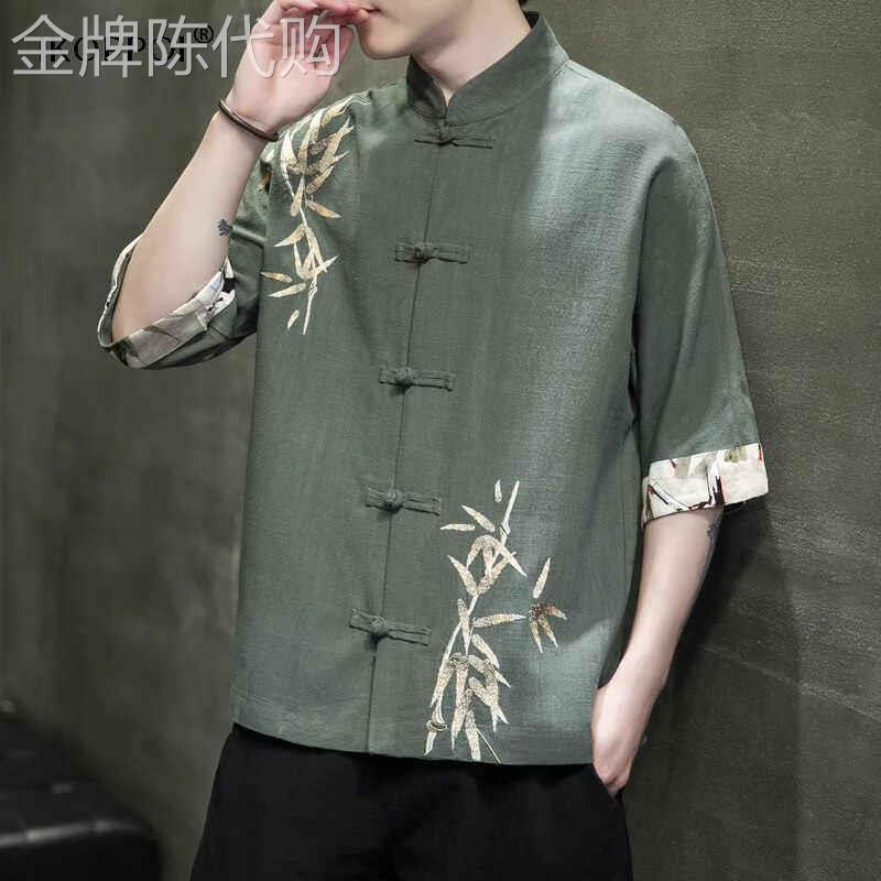 高端新中式亚麻衬衫男夏季短袖衬衣汉服国风唐装刺绣棉麻半袖上衣