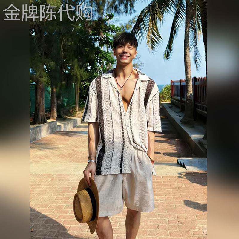 高端海岛度假风镂空针织短袖套装男2026夏季老钱风亚麻短裤一整套