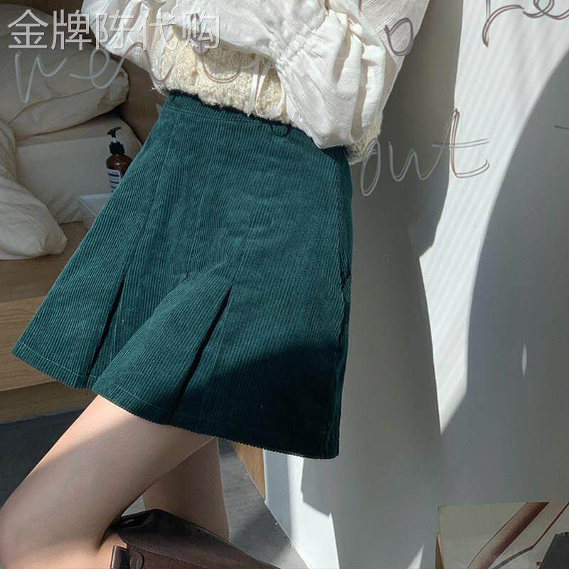 灯芯绒半身裙女秋冬2025新款潮复古高腰A字显瘦百褶裙大码短裙子