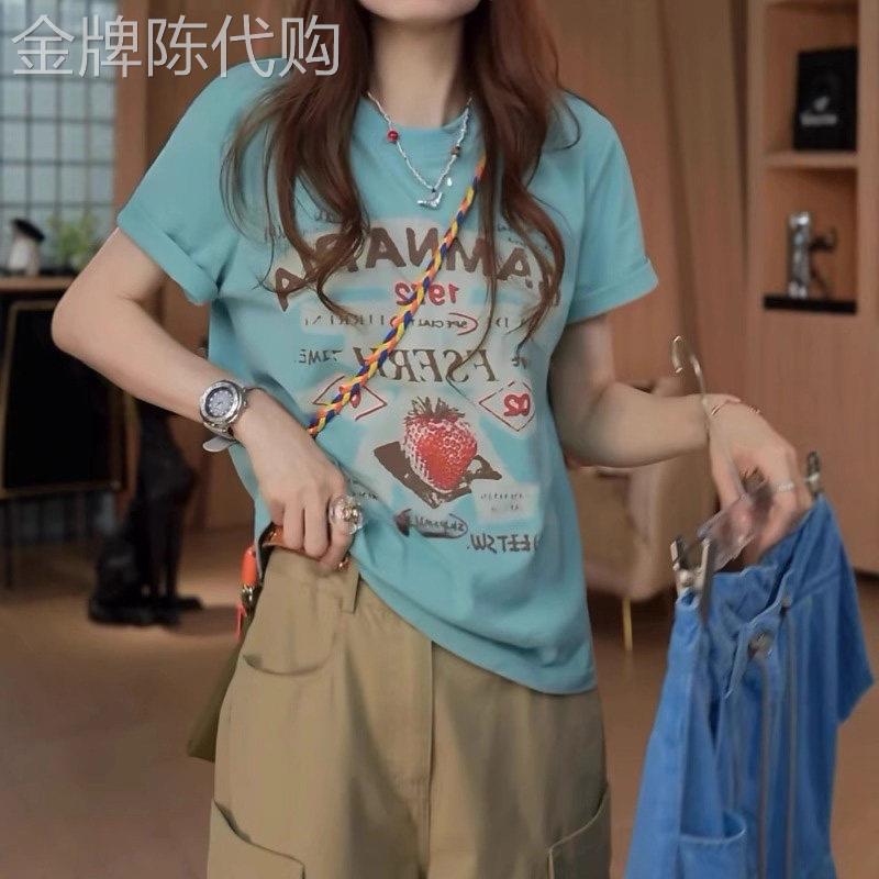 正肩短袖t恤女夏季薄款2026新款宽松大尺码显瘦设计感半袖T恤上衣