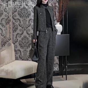 复古时髦气质通勤套装女2025早秋新款灰色修身拉链外套+阔腿长裤
