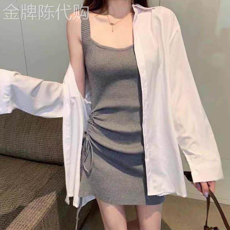 灰色抽绳冰丝针织连衣裙女夏季欧货修身性感内搭绑带露背吊带裙子