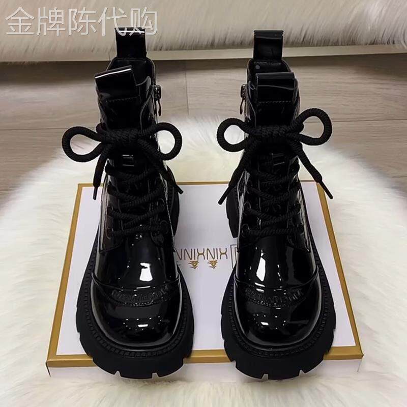 真皮厚底马丁靴女2025新款春秋冬爆款超火英伦风亮皮防滑黑色短靴