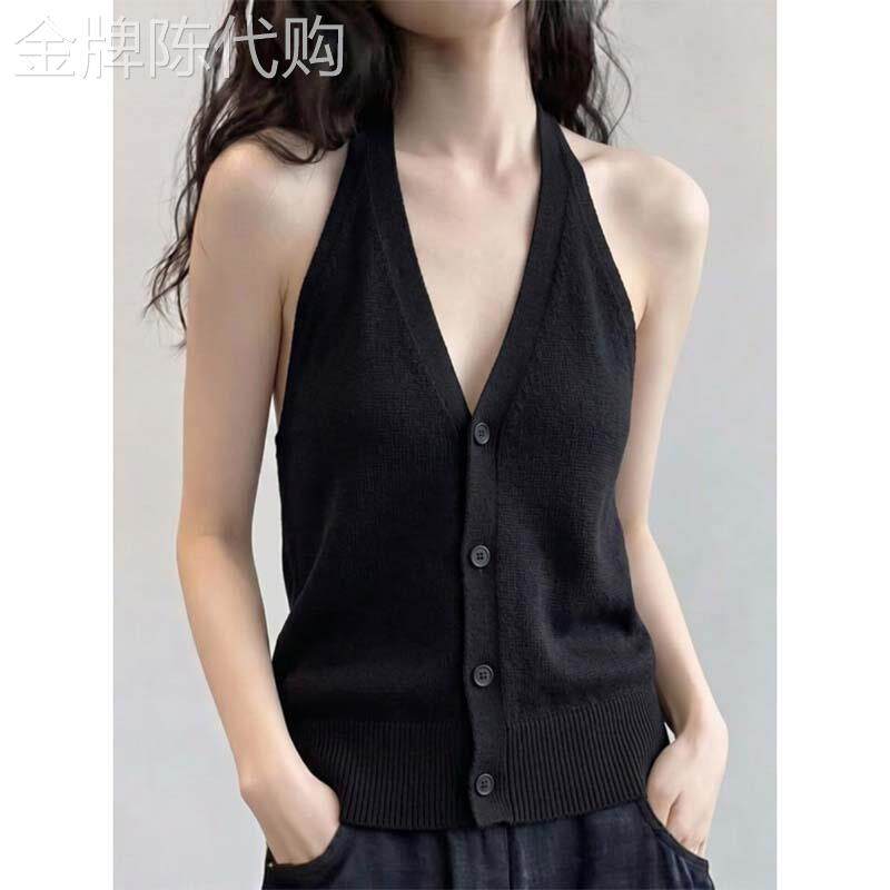 泰国绝美黑色挂颈吊带背心女夏欧货时尚显瘦辣妹V领露背无袖上衣