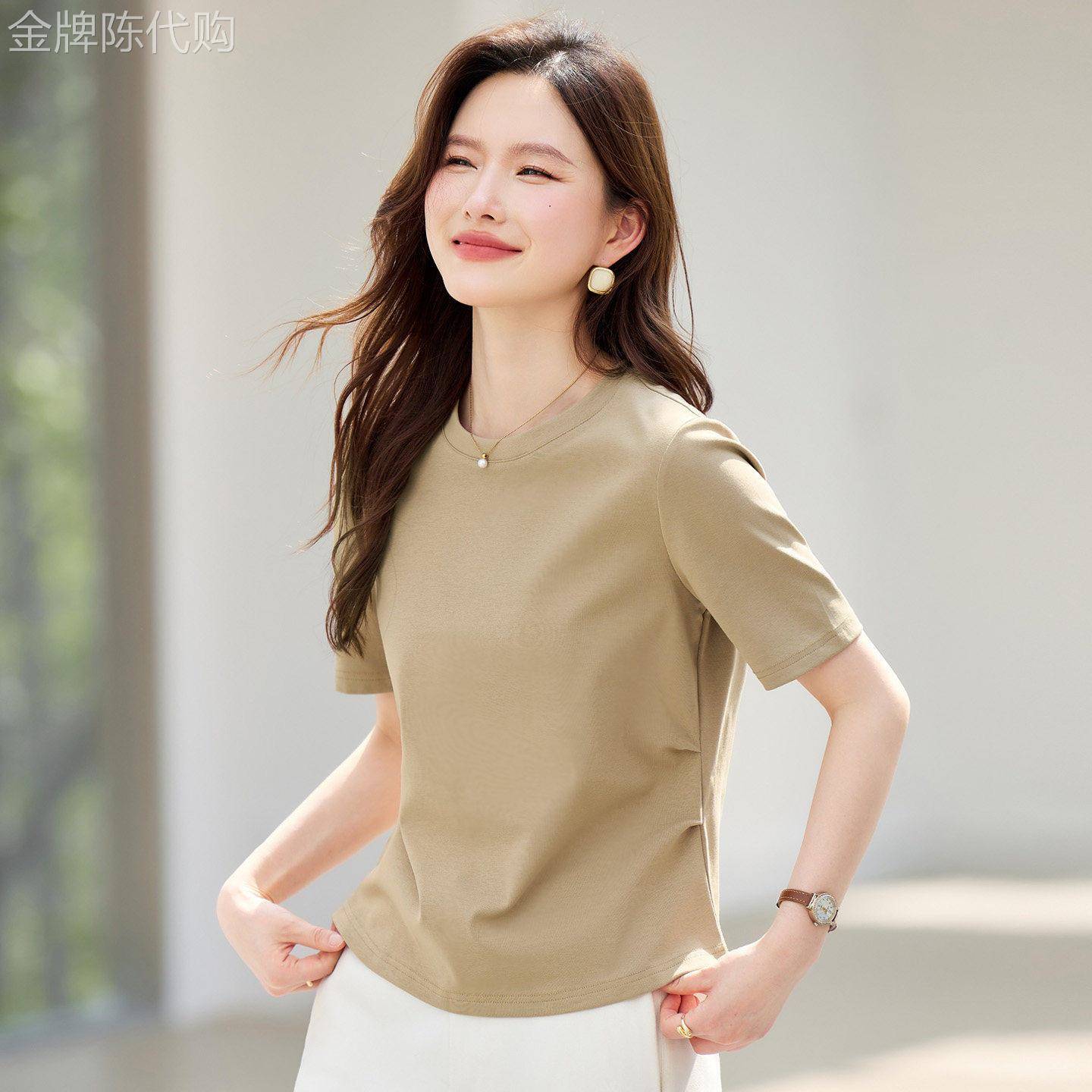 正肩短袖t恤女2026新款夏季高端女装修身圆领上衣显瘦半袖体恤衫