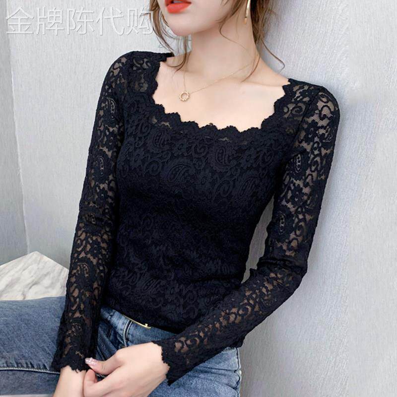 加绒蕾丝打底衫女内搭春秋新款欧货漂亮洋气上衣修身方领长袖T恤