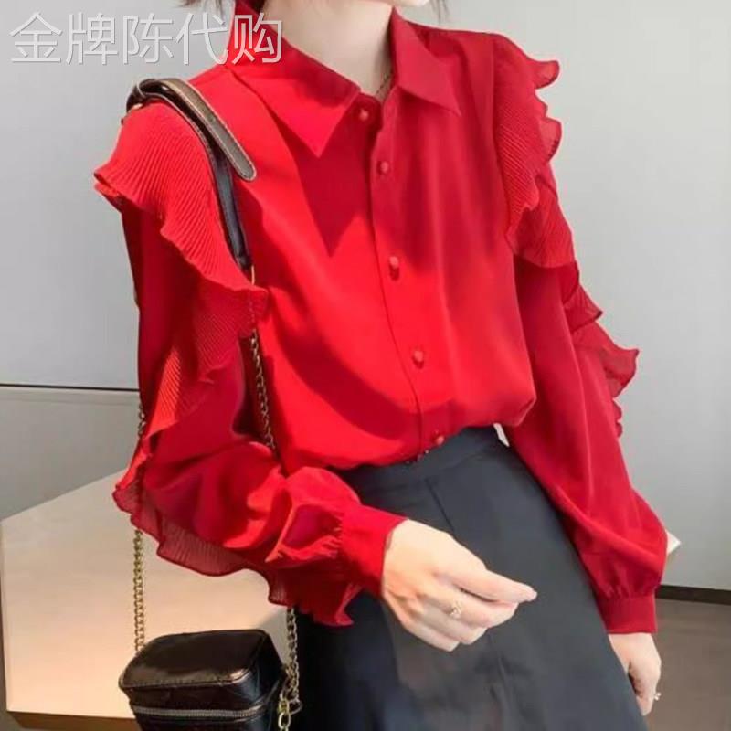 韩系红色POLO领长袖衬衫女秋季新款设计感时尚百搭荷叶边袖子上衣