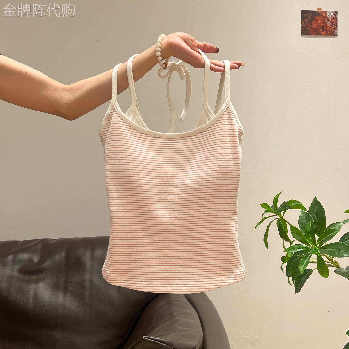 假两件粉色条纹挂颈美背外穿吊带背心女春夏甜辣妹带胸垫短款上衣