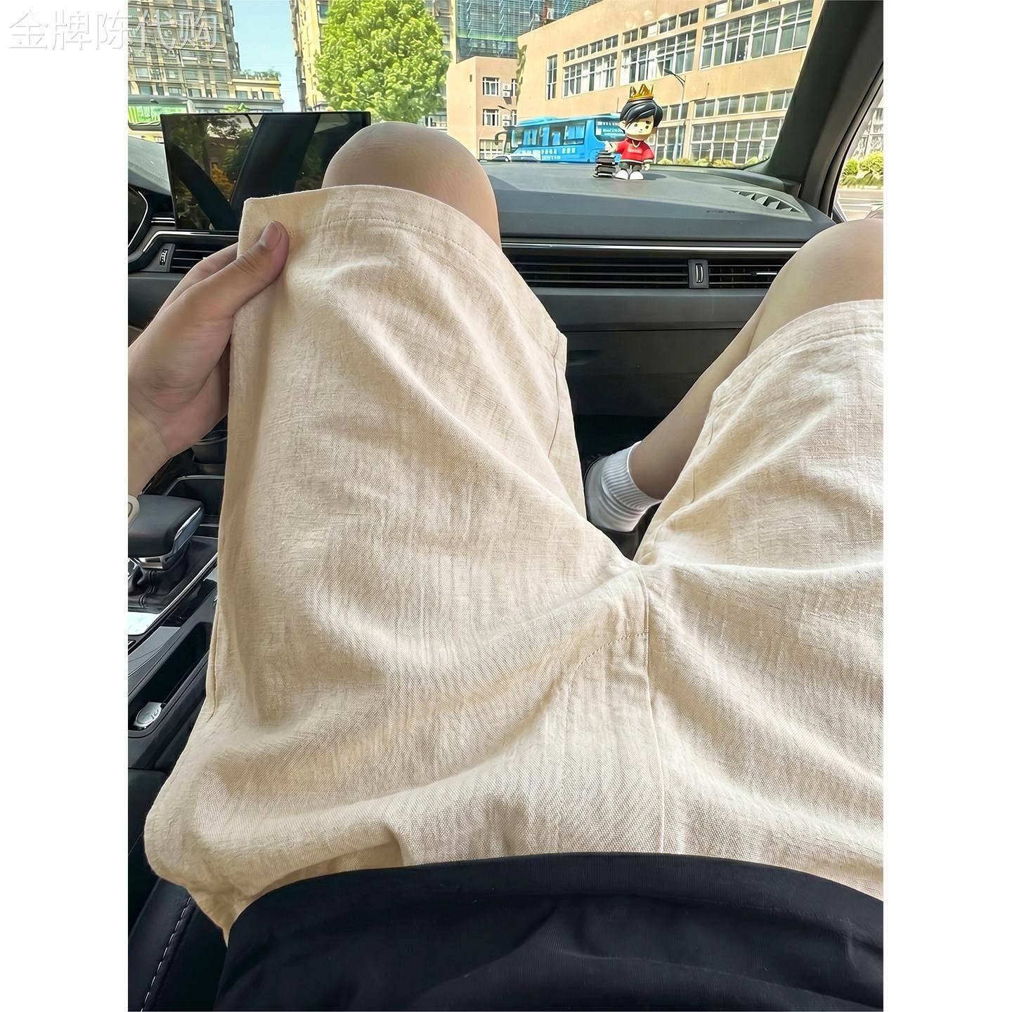 老钱风亚麻短裤男夏季薄款速干纯色五分裤子潮牌宽松棉麻休闲中裤