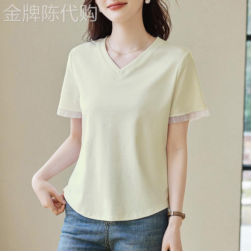 V领正肩短袖t恤女2026夏季新款洋派减龄蕾丝半袖衫设计感高端上衣