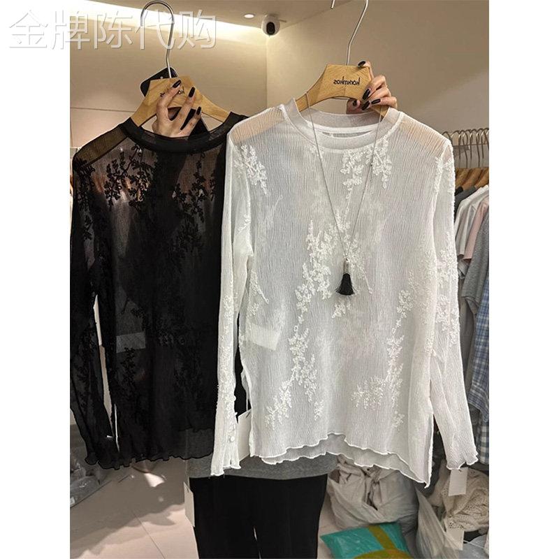 防晒衣2026夏季新款上衣打底衫圆领重工蕾丝刺绣开叉薄款长袖女款