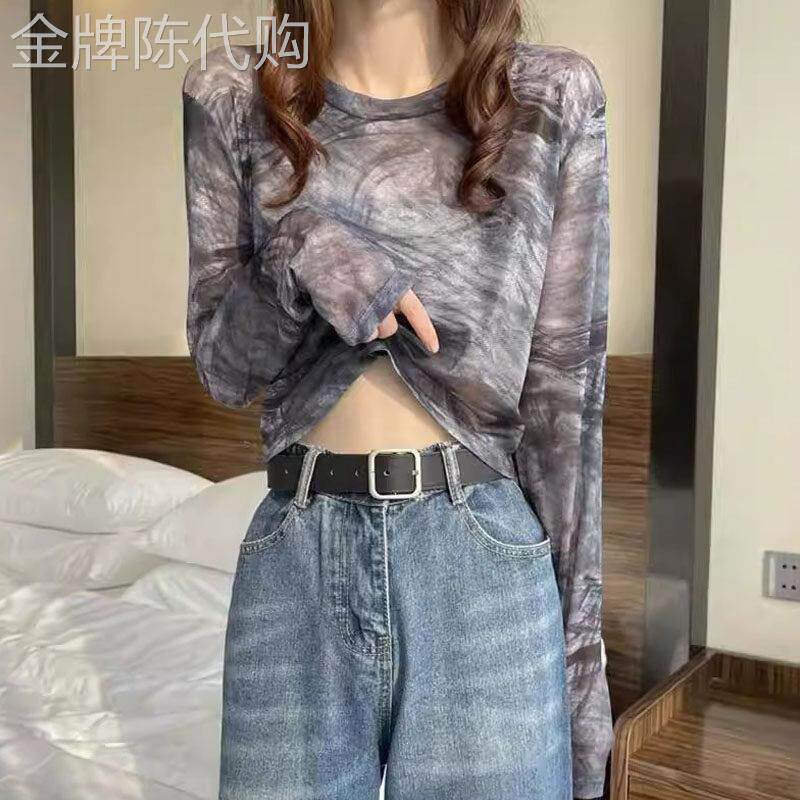 冰丝防晒衣女士夏季欧货扎染长袖罩衫纱衣正肩t恤上衣网纱打底衫