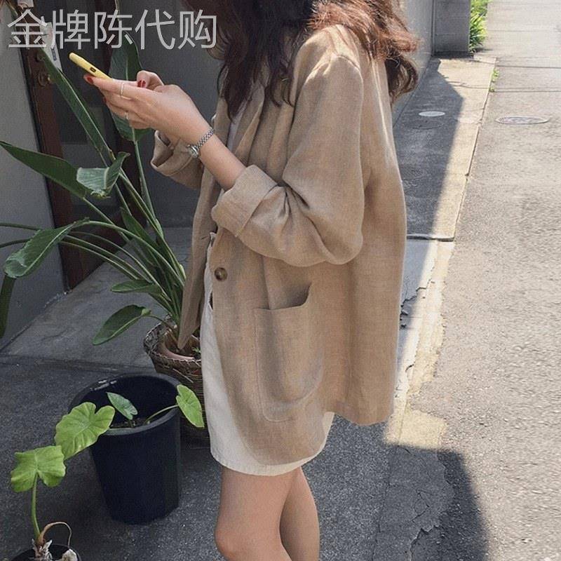 棉麻小西装外套女春秋欧货亚麻薄款西服中长款英伦风复古上衣大码
