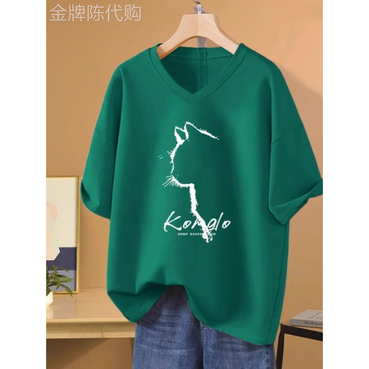 纯棉V领短袖T恤女2025夏季新款大码宽松胖mm显瘦印花半袖体恤上衣