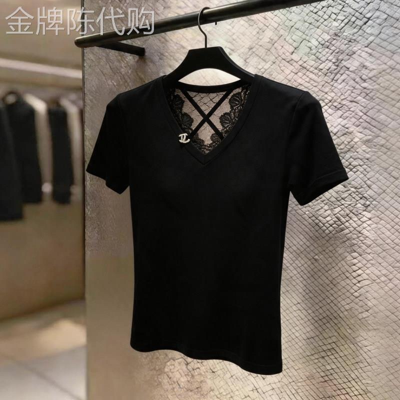 后背蕾丝镂空短袖T恤美背上衣女夏季新款欧货洋派修身打底V领小衫