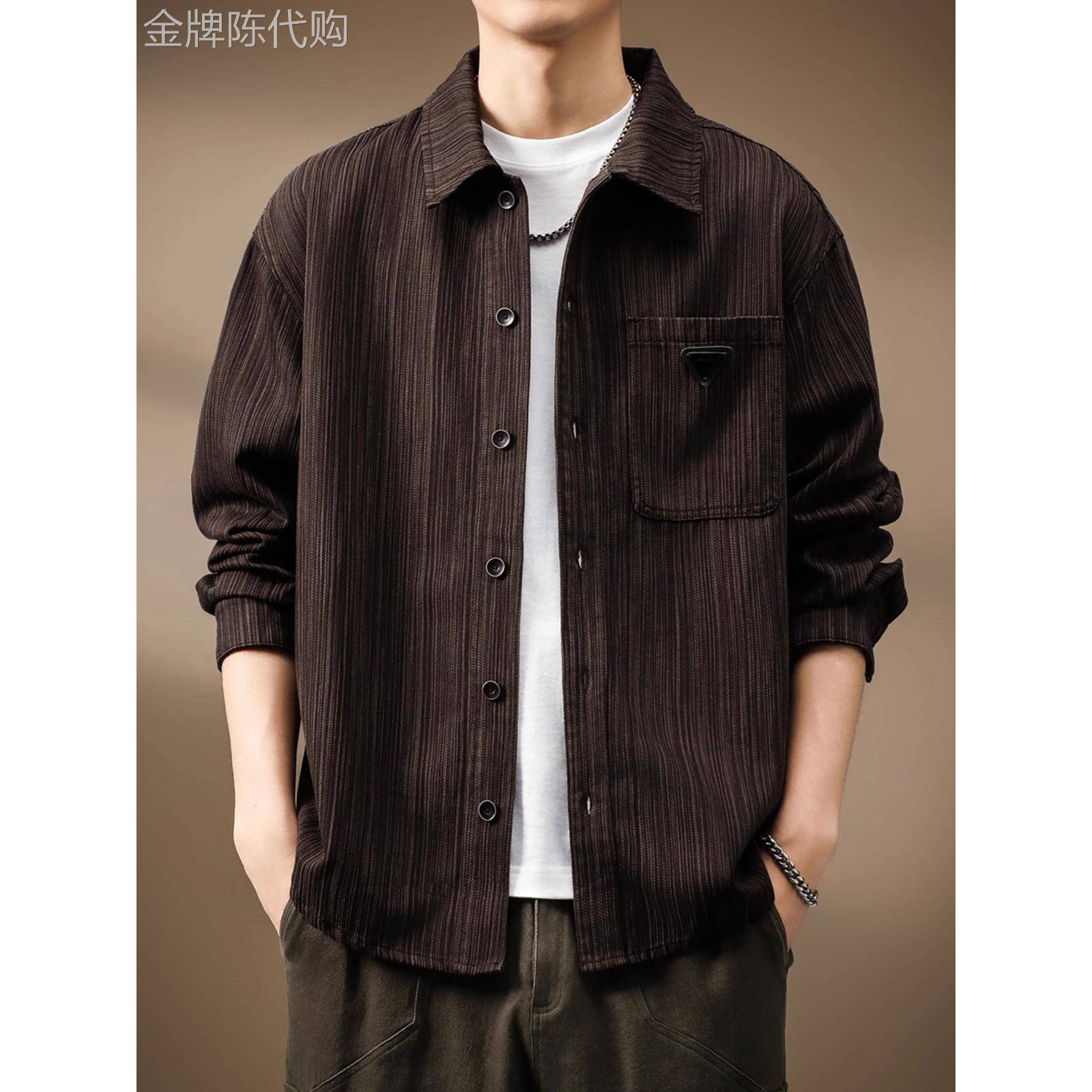意大利竹图案翻领衬衫男士秋季新日本风格经典宽松覆古休闲牛仔夹