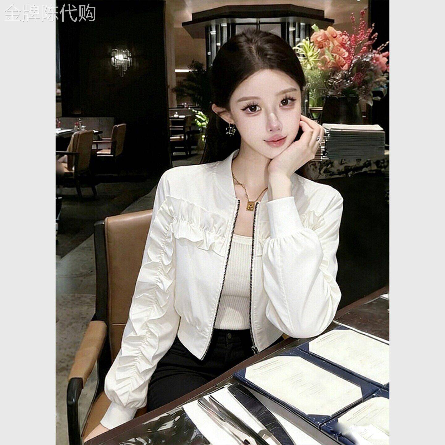 2026春法式白领别致设计感气质外套女洋派百搭白色荷叶边拼接上衣