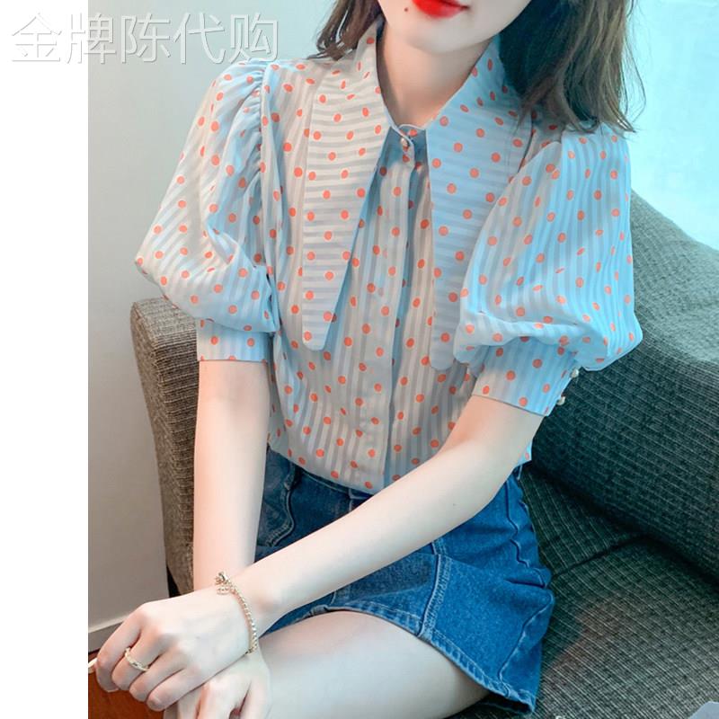 波点雪纺衬衫女夏季短袖2026新款法式设计感小众泡泡袖甜美上衣潮
