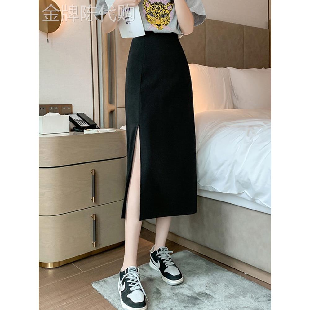 西装半身裙女夏装高端欧货小个子大码高腰包臀裙a字黑色开叉长裙