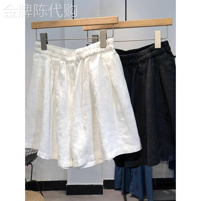 白色高腰阔腿五分裤女夏季欧货文艺薄款亚麻休闲宽松棉麻阔腿短裤