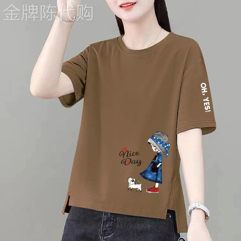 纯棉短袖T恤女2026夏款新款不规则下摆印花宽松大码圆领半袖体恤
