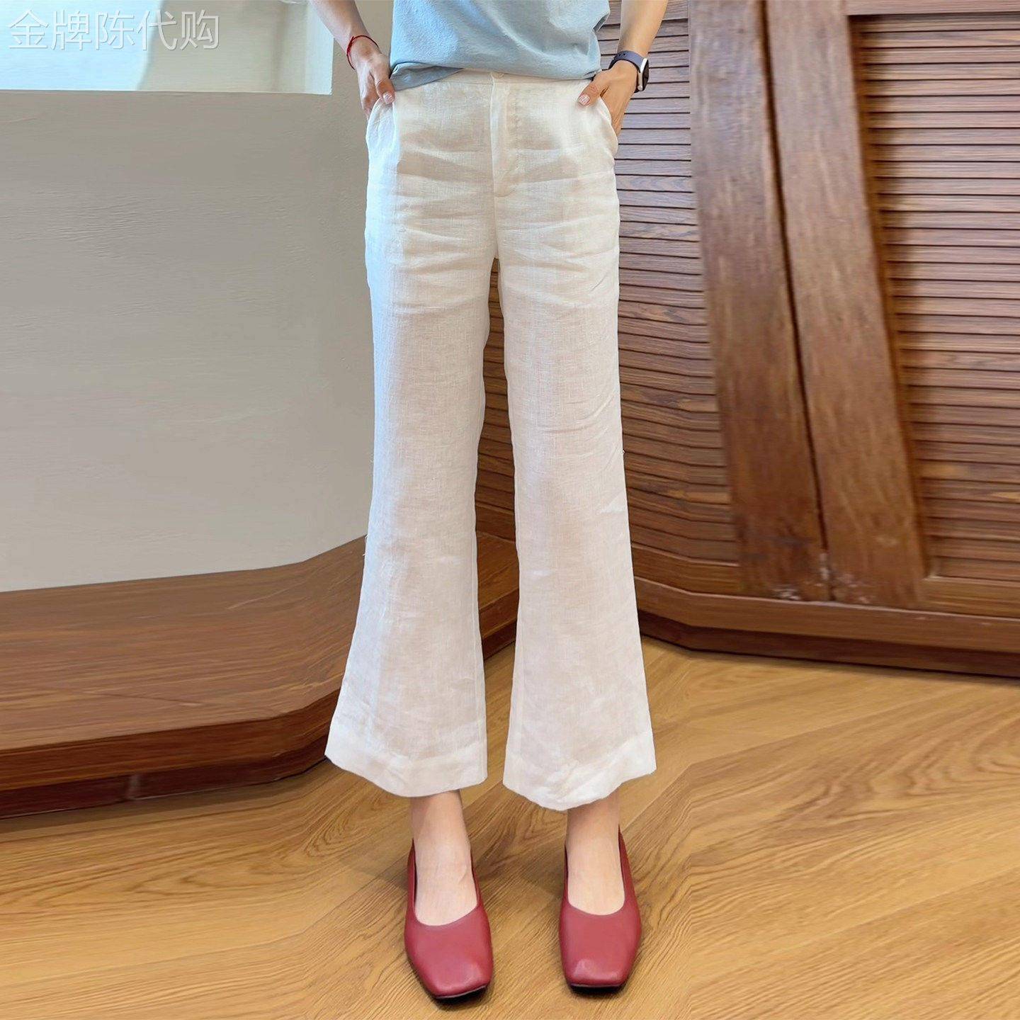 白色亚麻九分裤女夏季薄款2026年新款胖mm大尺码高腰显瘦微喇休闲