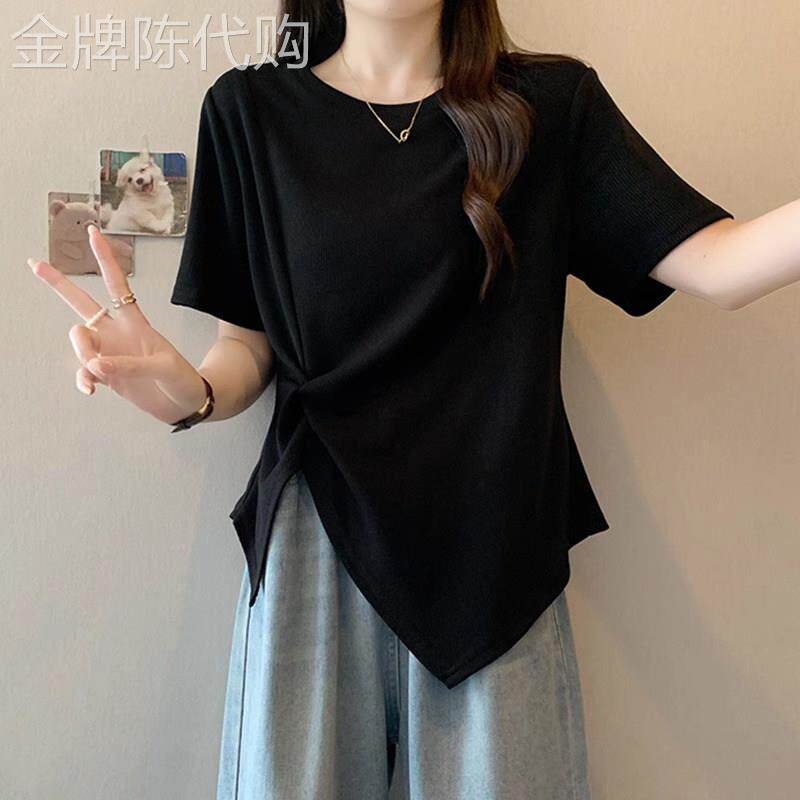 黑色正肩短袖t恤女夏季薄款2026新款宽松显瘦不规则半袖T恤上衣