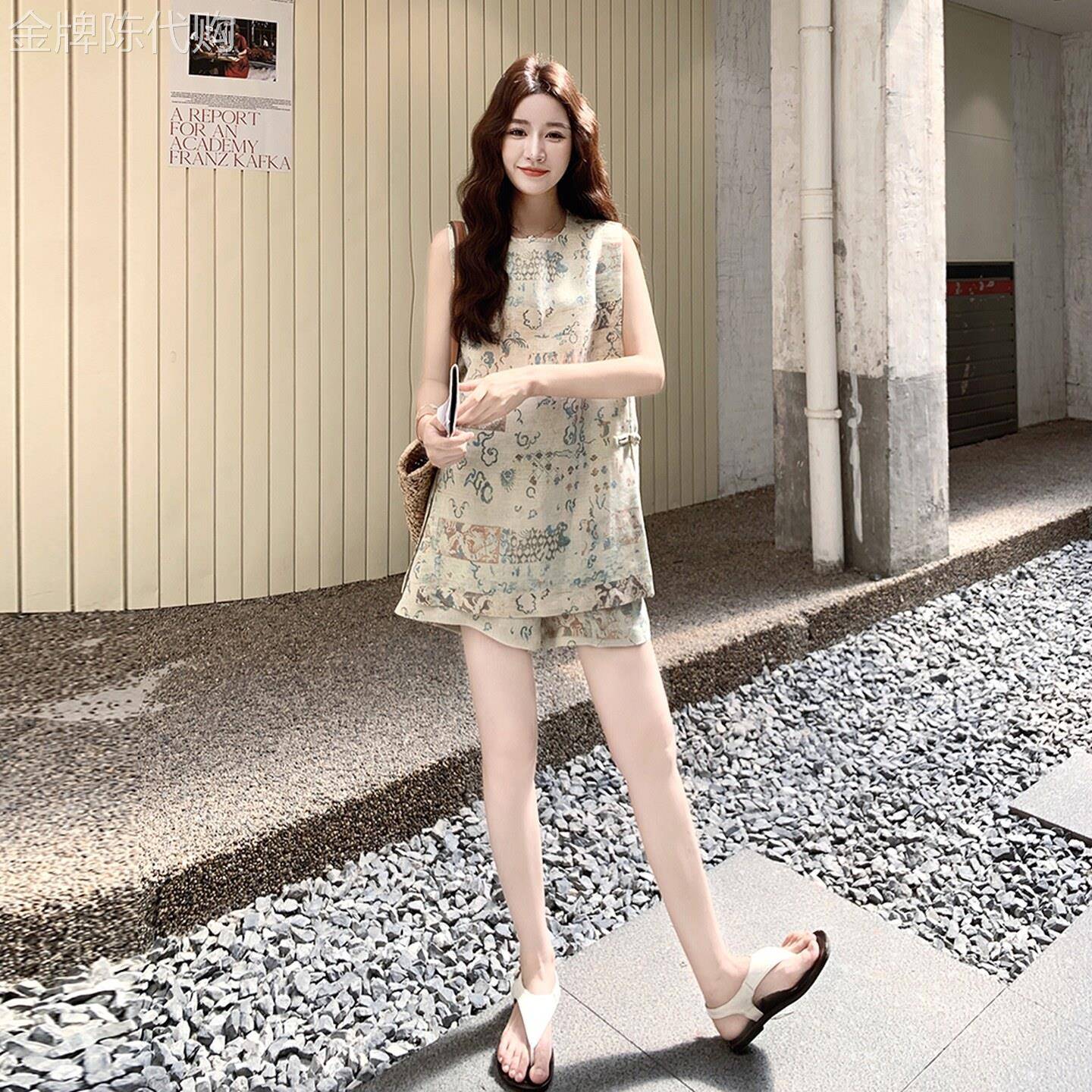 设计感复古印花背心套装女2026夏季日系小个子时尚休闲短裤两件套