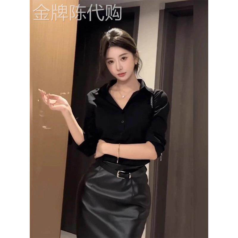 黑色V领长袖衬衫女春秋欧货新款设计感小众修身上衣翻领衬衣外套