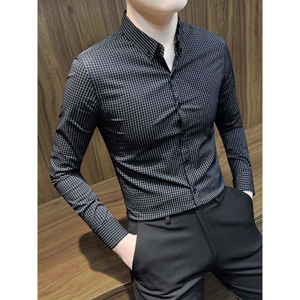 2025秋季格子衬衫男长袖潮牌高端商务男装休闲高级感寸衫修身衬衣