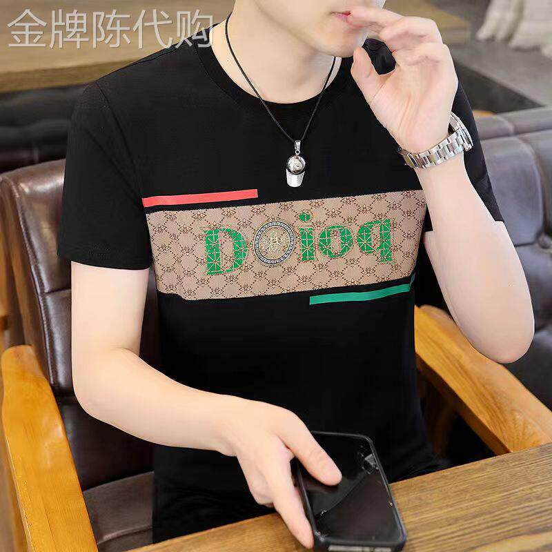 冰丝短袖t恤男夏季韩版潮流透气薄款印花圆领纯棉修身男士半袖薄