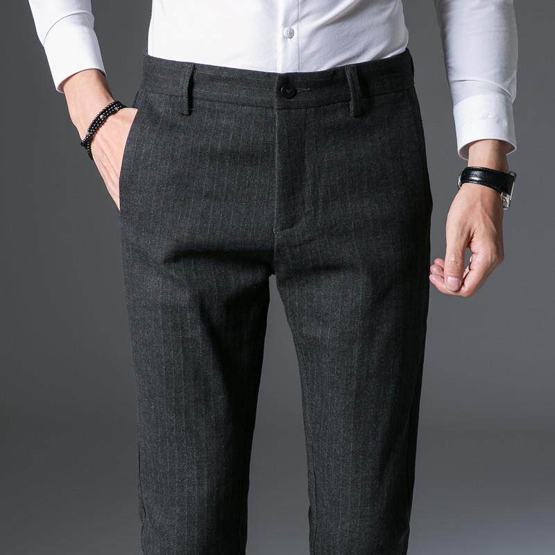 潮牌毛呢裤子男秋冬加绒条纹休闲裤修身商务直筒西裤磨毛抓绒男裤