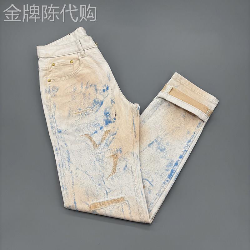 高级感彩绘男士刮烂牛仔裤白色做旧水洗弹力轻奢欧版修身小脚长裤