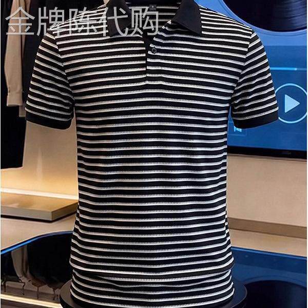 潮牌黑白条纹短袖polo衫男款夏季高级感翻领t恤cleanfit正肩半袖