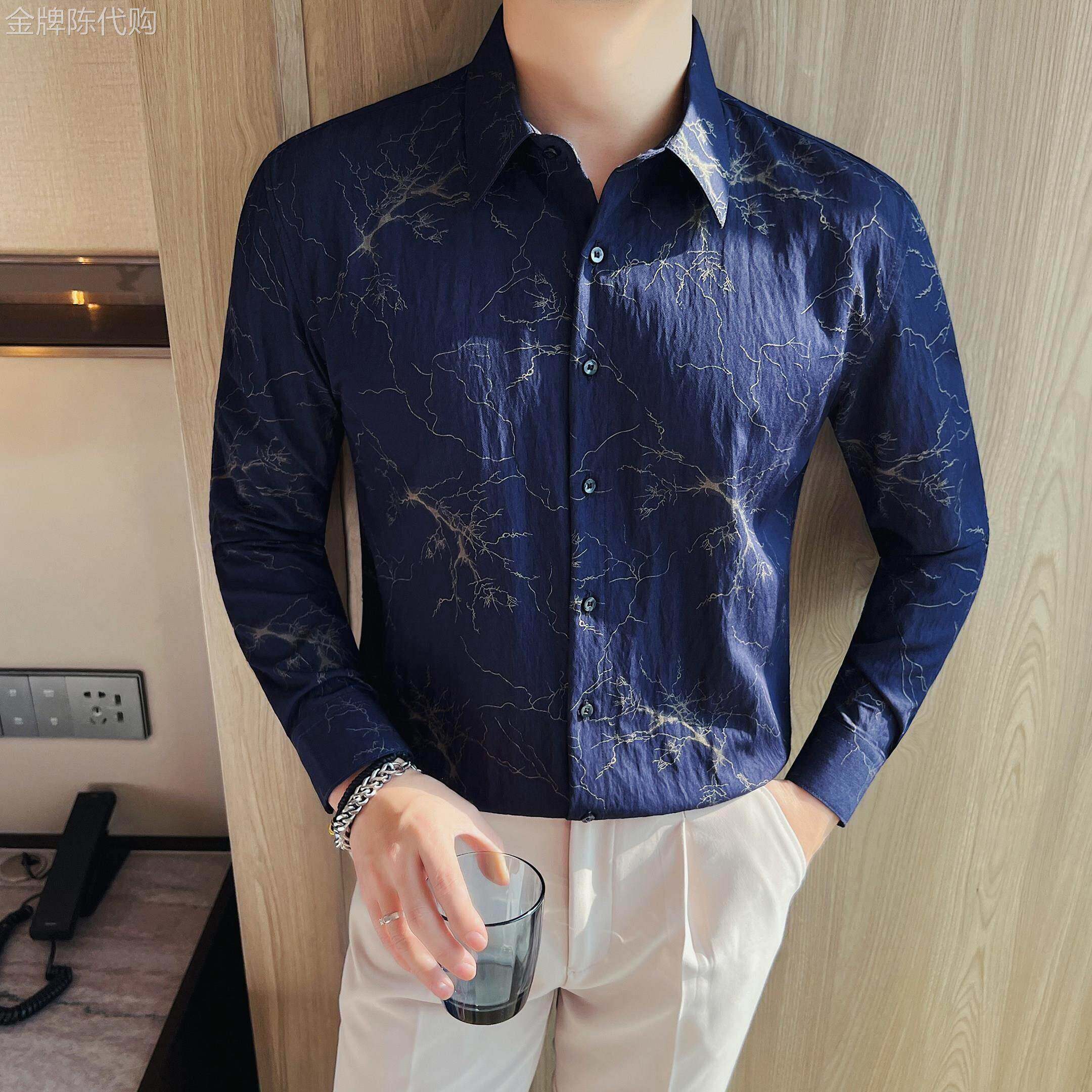 潮牌痞帅印花长袖衬衫男商务修身百搭潮流衬衣深蓝色开衫翻领上衣