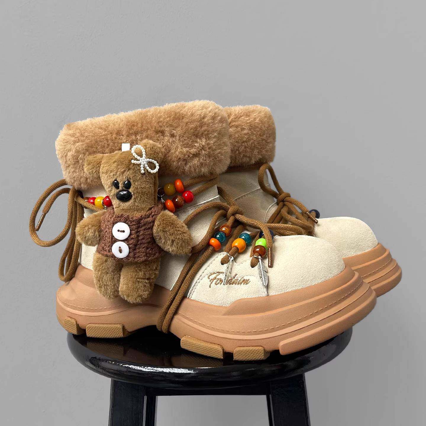 棉鞋男女款冬季加绒小熊巨好看雪地靴厚底增高户外大头保暖马丁靴