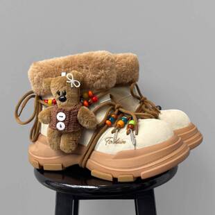 棉鞋男女款冬季加绒小熊巨好看雪地靴厚底增高户外大头保暖马丁靴