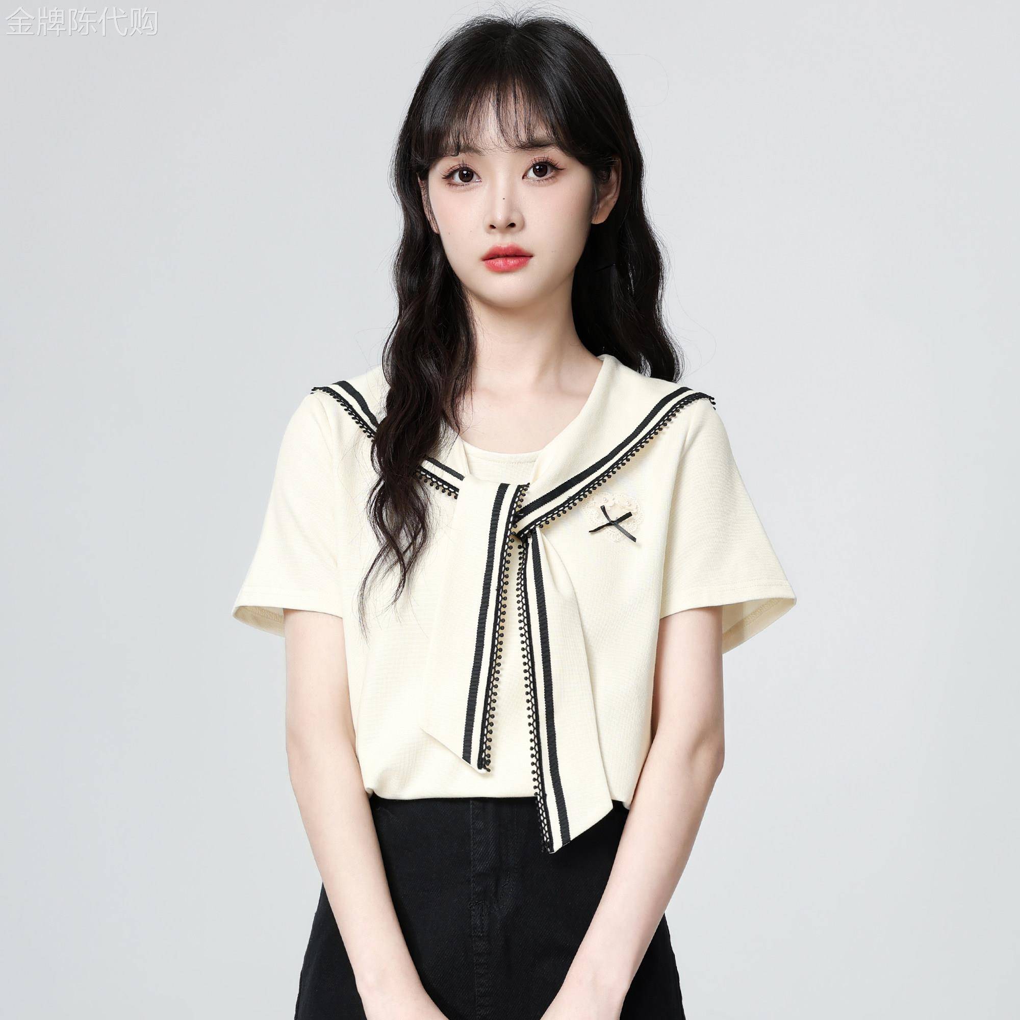 海军领披肩短袖T恤女夏季2026新款学院风设计感小众减龄别致上衣