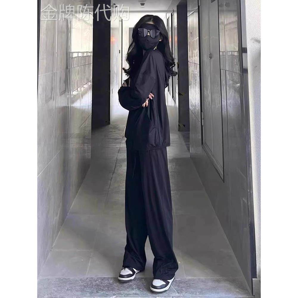 休闲运动服套装女夏季防紫外线户外透气轻薄黑色冰丝防晒衣两件套