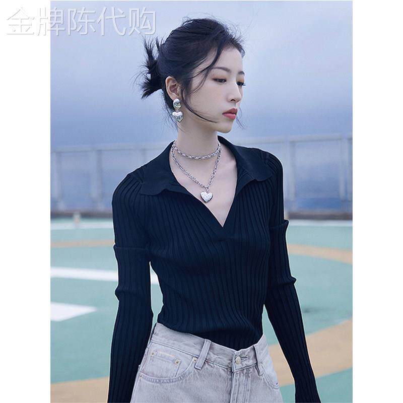 黑色针织打底衫早秋女装2025年新款修身v领内搭显瘦坑条翻领上衣